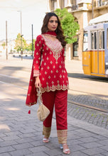 Load image into Gallery viewer, Red Embroidered Mirror Work Palazzo Style Silk Suit 
