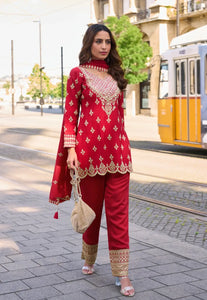 Red Embroidered Mirror Work Palazzo Style Silk Suit 