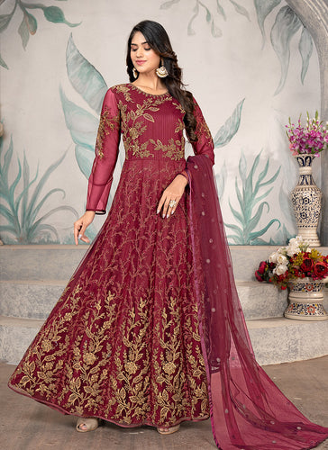 Red Kalidar Embroidered Designer Anarkali Suit