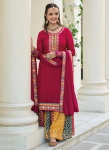 Red Multi Colour Designer Gharara Style Suit