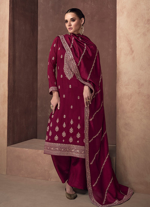 Red and Gold Embroidered Stylish Pant Suit