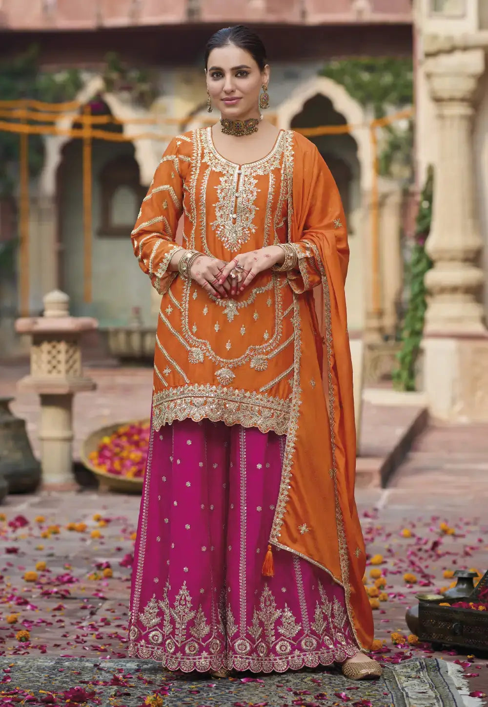 Refined Radiance Embroidered Orange Palazzo Set