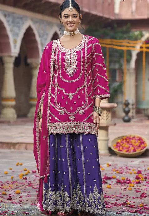 Refined Radiance Embroidered Pink Palazzo Set