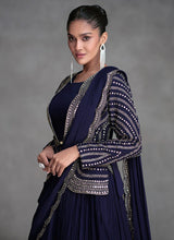 Load image into Gallery viewer, Regal Elegance Navy Blue Saree Style Lehenga Set
