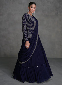 Regal Elegance Navy Blue Saree Style Lehenga Set