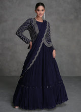 Load image into Gallery viewer, Regal Elegance Navy Blue Saree Style Lehenga Set
