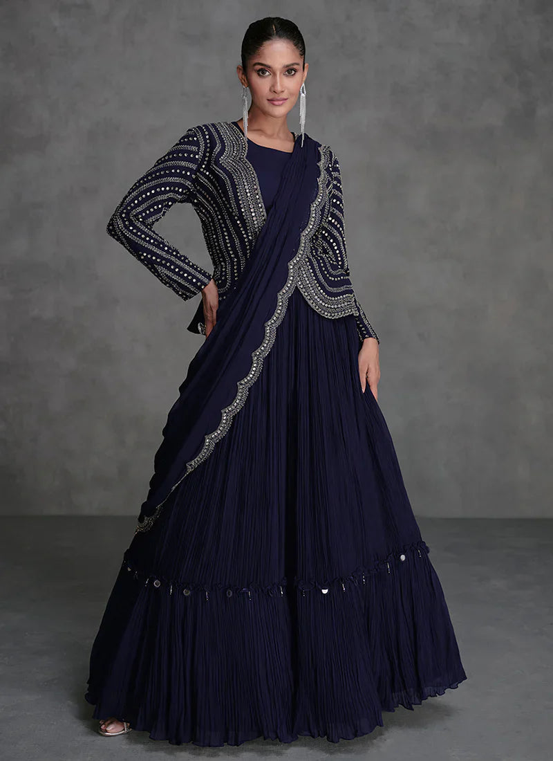 Regal Elegance Navy Blue Saree Style Lehenga Set