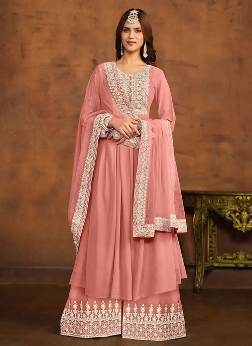 Regal Elegance Peach Embroidered Palazzo Style Suit