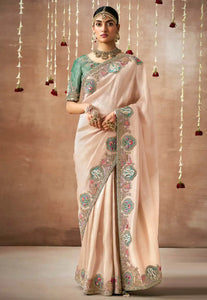 Royal Charm Baby Pink And Teal Embroidered Wedding Saree