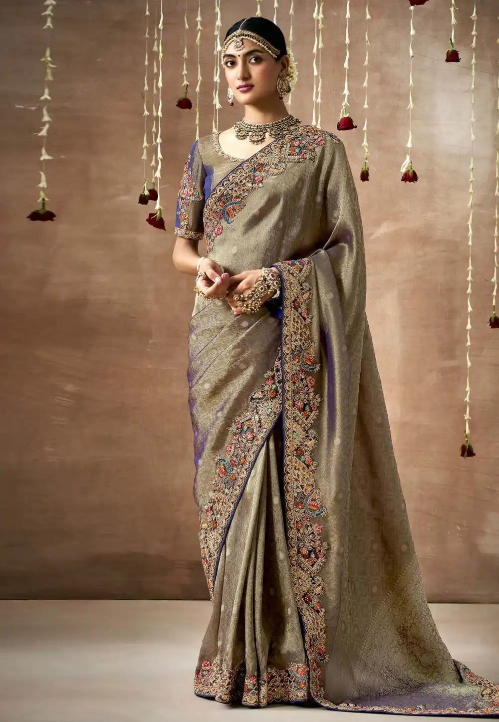 Royal Charm Grey Embroidered Wedding Saree