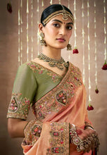 Load image into Gallery viewer, Royal Charm Peach And Green Embroidered Wedding Saree 
