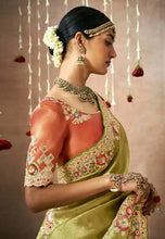 Load image into Gallery viewer, Royal Charm Peach And Green Embroidered Wedding Saree
