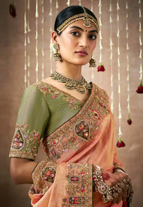 Royal Charm Peach And Green Embroidered Wedding Saree 