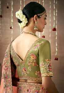 Royal Charm Peach And Green Embroidered Wedding Saree 