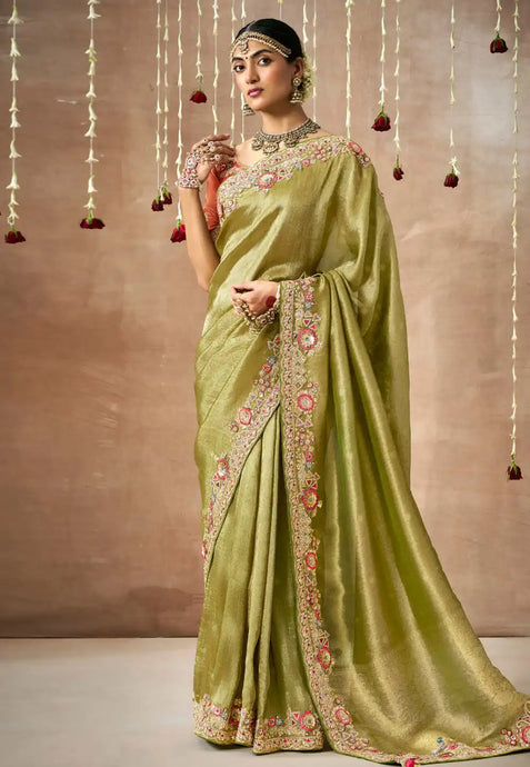 Royal Charm Peach And Green Embroidered Wedding Saree