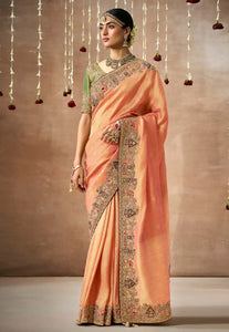 Royal Charm Peach And Green Embroidered Wedding Saree 