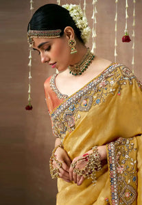 Royal Charm Peach And Yellow Embroidered Wedding Saree