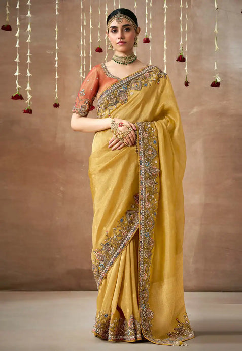 Royal Charm Peach And Yellow Embroidered Wedding Saree