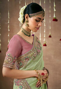 Royal Charm Pink And Green Embroidered Wedding Saree 