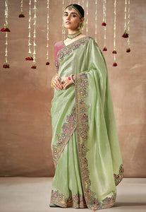 Royal Charm Pink And Green Embroidered Wedding Saree 