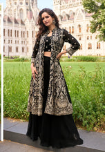 Load image into Gallery viewer, Royal Embroidered Black Palazzo Attire with Graceful Shrug
