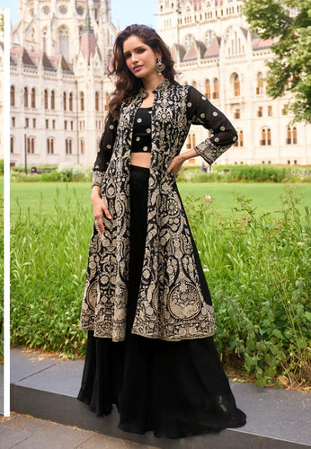 Royal Embroidered Black Palazzo Attire with Graceful Shrug