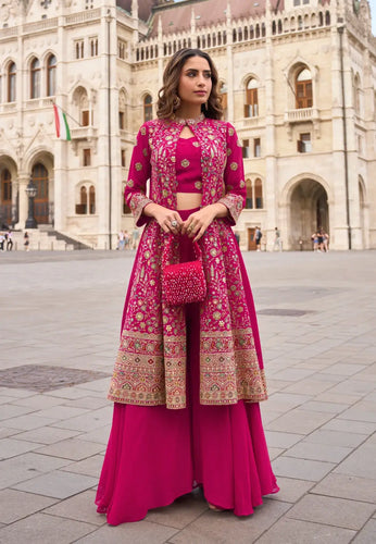 Royal Embroidered Magenta Palazzo Attire with Graceful Shrug