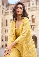 Load image into Gallery viewer, Royal Embroidered Yellow Palazzo Attire with Graceful Shrug
