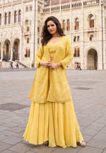Load image into Gallery viewer, Royal Embroidered Yellow Palazzo Attire with Graceful Shrug
