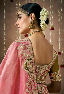 Royal Charm Pink And Olive Green Embroidered Wedding Saree