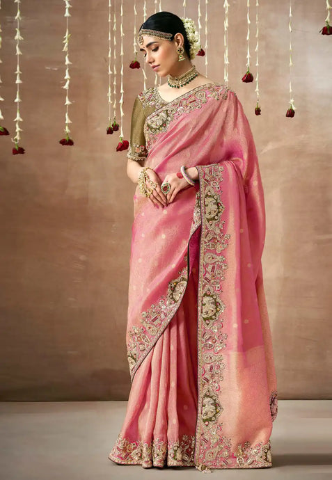 Royal Charm Pink And Olive Green Embroidered Wedding Saree