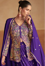 Load image into Gallery viewer, Royal purple embroidered peplum top and flared palazzo suit set for women   
