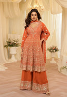 Rust Orange Heavy Embroidered Festive Kurta Palazzo Suit
