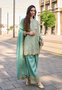 Sea Green Embroidered Mirror Work Palazzo Style Silk Suit