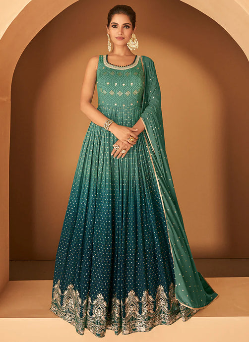 Shaded Teal Heavy Embroidered Anarkali Suit