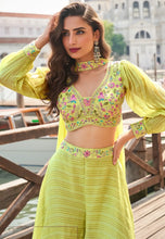 Load image into Gallery viewer, Silk Embroidered Lime Green Sharara Suit with Striped Pants

