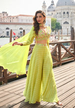 Load image into Gallery viewer, Silk Embroidered Lime Green Sharara Suit with Striped Pants
