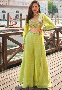 Silk Embroidered Lime Green Sharara Suit with Striped Pants