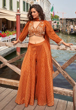 Load image into Gallery viewer, Silk Embroidered Orange Sharara Suit with Striped Pants
