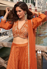 Load image into Gallery viewer, Silk Embroidered Orange Sharara Suit with Striped Pants
