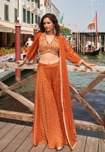 Load image into Gallery viewer, Silk Embroidered Orange Sharara Suit with Striped Pants
