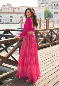 Silk Embroidered Pink Sharara Suit with Striped Pants