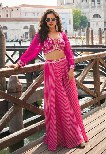 Silk Embroidered Pink Sharara Suit with Striped Pants