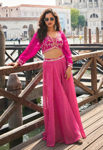 Silk Embroidered Pink Sharara Suit with Striped Pants