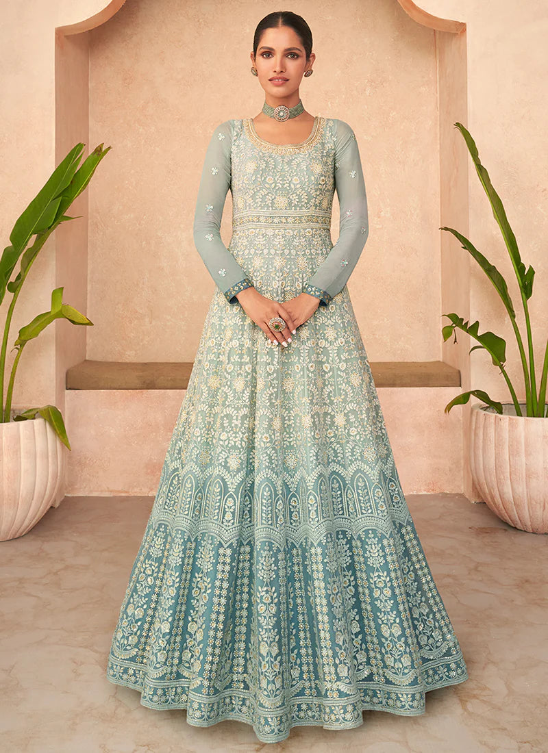 Sky Blue Lucknowi Embroidered Anarkali Gown