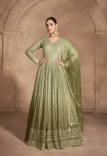 Load image into Gallery viewer, Soft Hues Timeless Embroidered Olive Green Anarkali
