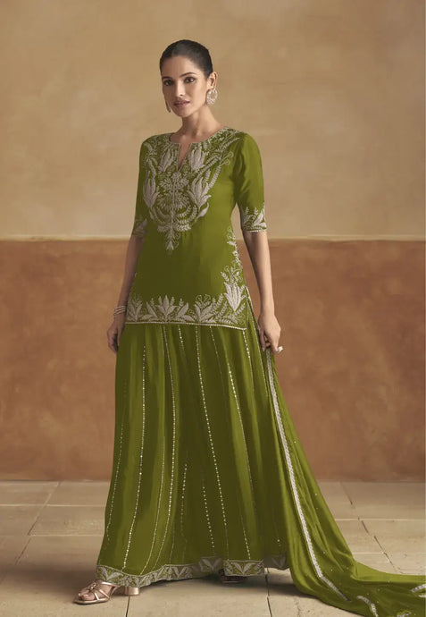 Sophisticated Grace Olive Green Embroidered Lehenga