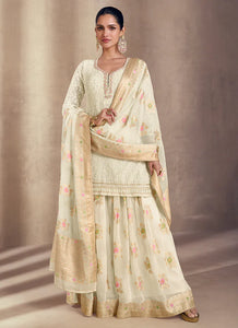 Stitched Serenity Off White Embroidered Sharara Suit