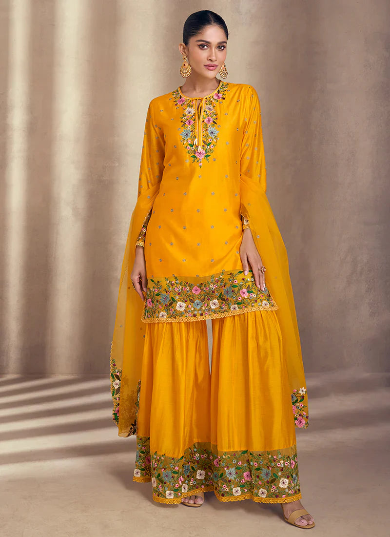 Stitched Serenity Yellow Embroidered Sharara Suit