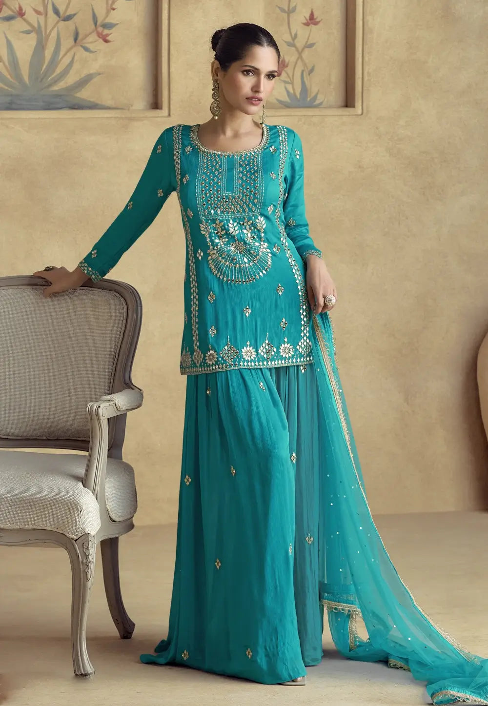 Stunning Embroidered Blue Sharara Ensemble